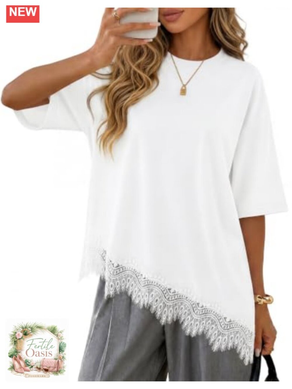 Oversized Cotton Blend Asymmetrical Lace Hem Tunic T-Shirt